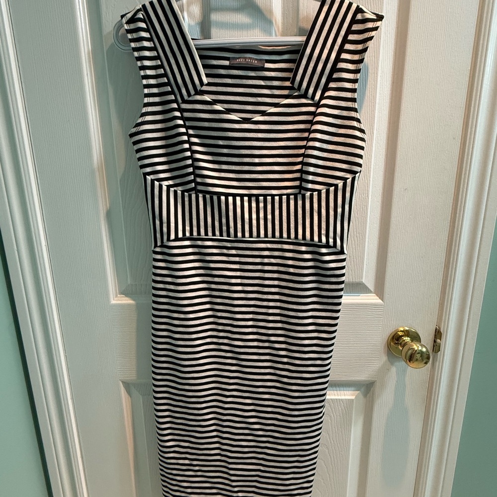Suzy Shier Black and White Striped Midi Dress